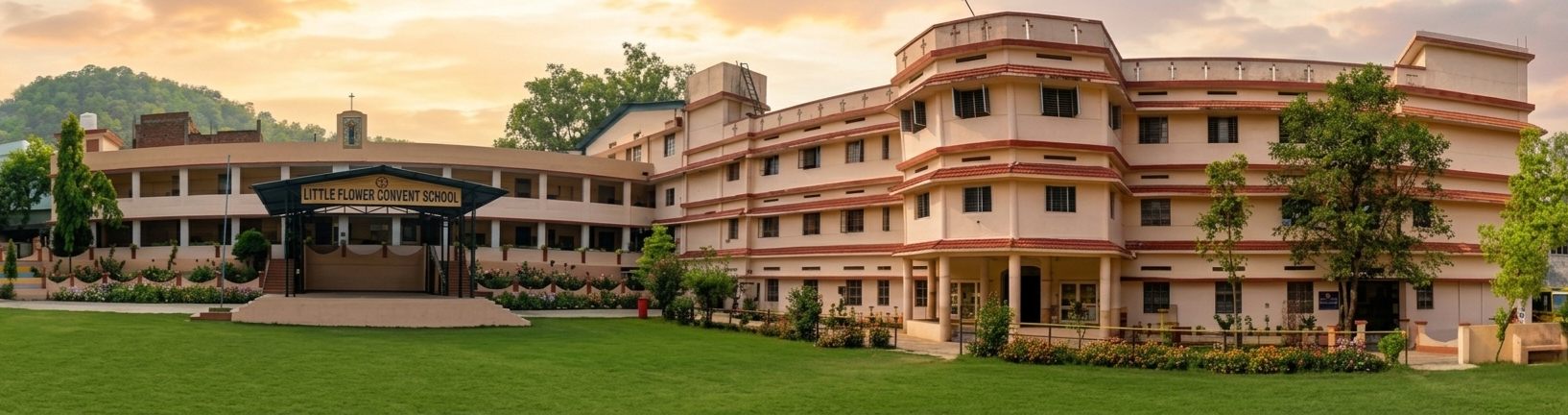 Little Flower Convent High School, Udhampur campus building at dusk
