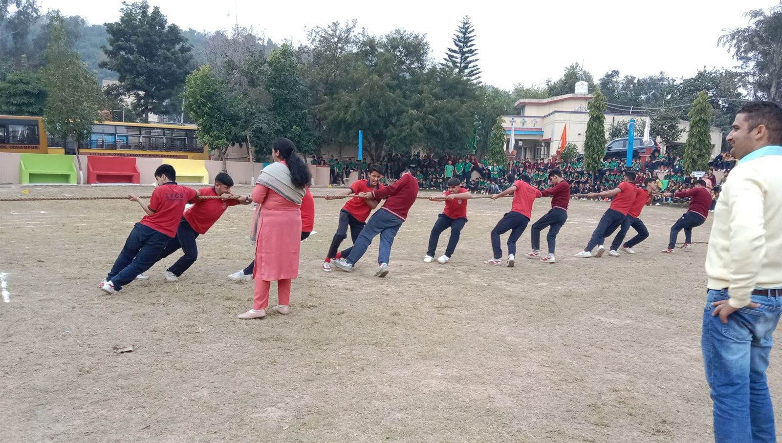 Students participating in Sports Day tug of war